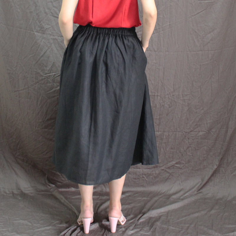 Black Linen Midi Skirt: Pleated Flared Skirt with Pockets