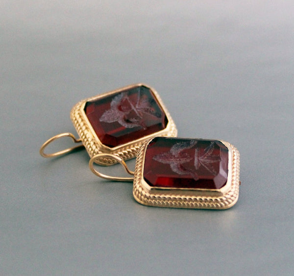 Red Rectangular Intaglio Earrings, Victorian Style, Gold Plated
