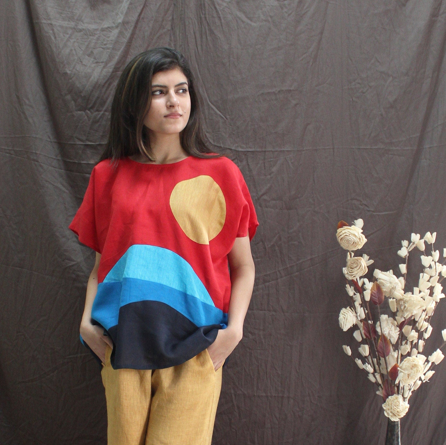 Red Blue Colorblock Linen Top, Abstract Sun and Wave Blouse, Square Fit Artistic Shirt for Women, Bold Handmade Linen Clothing