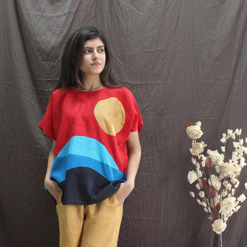 Red Blue Colorblock Linen Top, photo 2