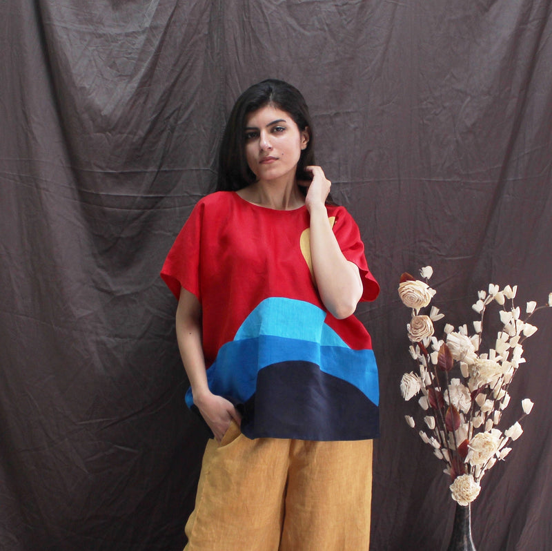 Red Blue Colorblock Linen Top, photo 3