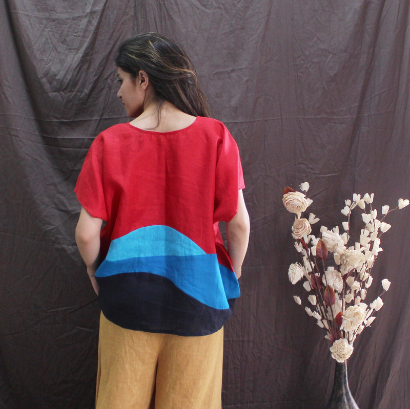 Red Blue Colorblock Linen Top, photo 4