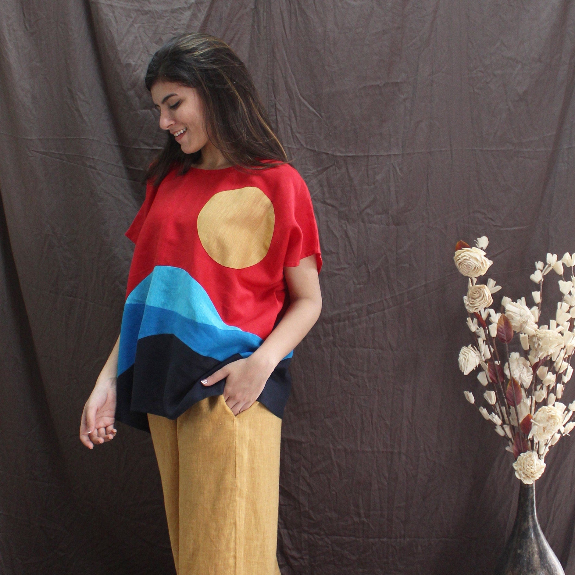 Red Blue Colorblock Linen Top, Abstract Sun and Wave Blouse, Square Fit Artistic Shirt for Women, Bold Handmade Linen Clothing