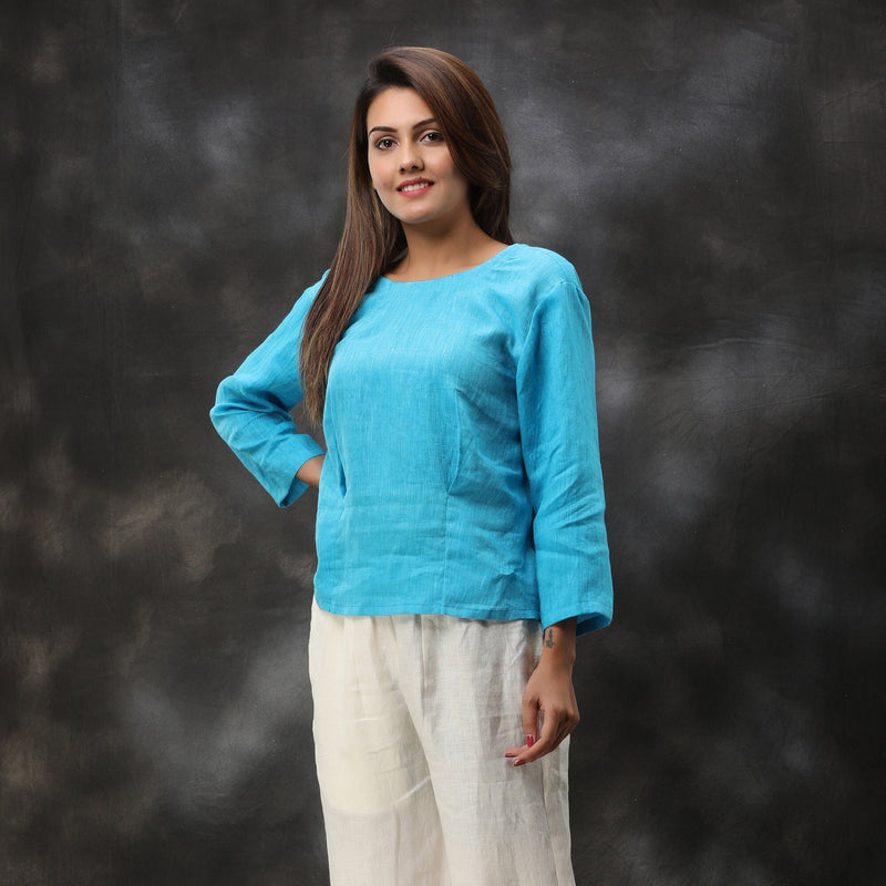 Sky Blue Linen Top, 3/4 Sleeve, photo 3