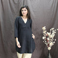 Black Linen Tunic Dress: Pintuck V-Neck, 3/4 Sleeve with Pockets