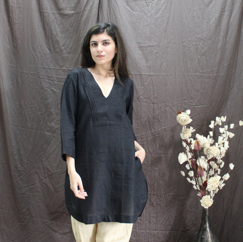 Black Linen Tunic Dress with 3/4 Sleeves