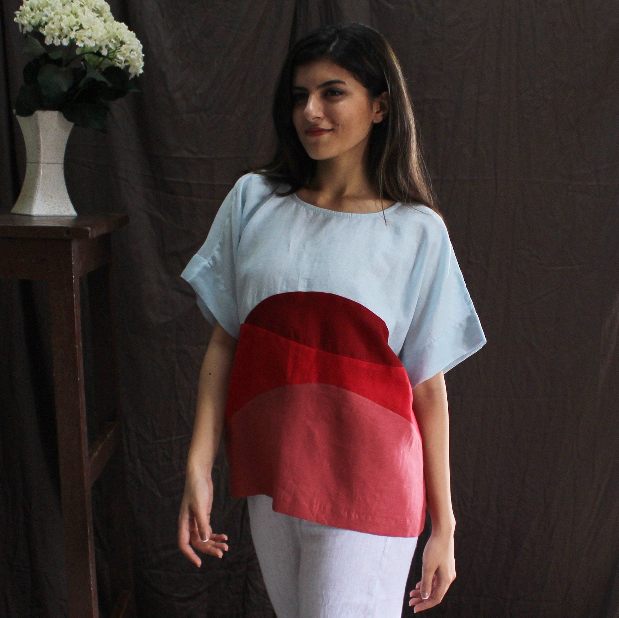 Multi Color Linen Boxy Blouse: Oversized Square Top