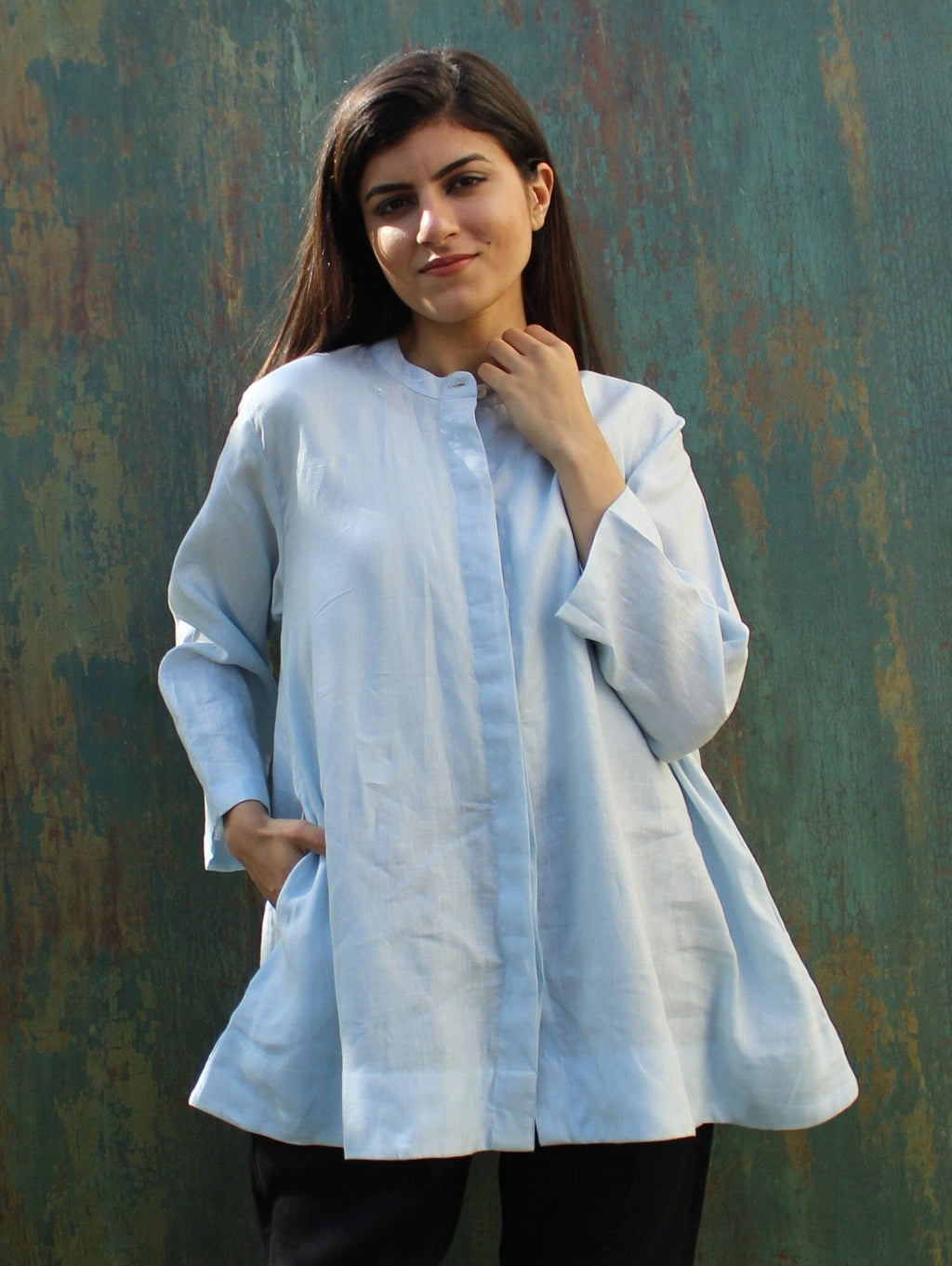 Handmade Light Blue Linen Tunic Top: Mandarin Collar Summer Shirt