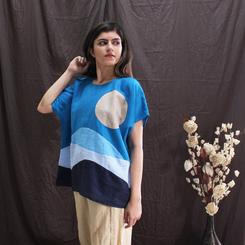 Sky Blue Abstract Linen Top, photo 4
