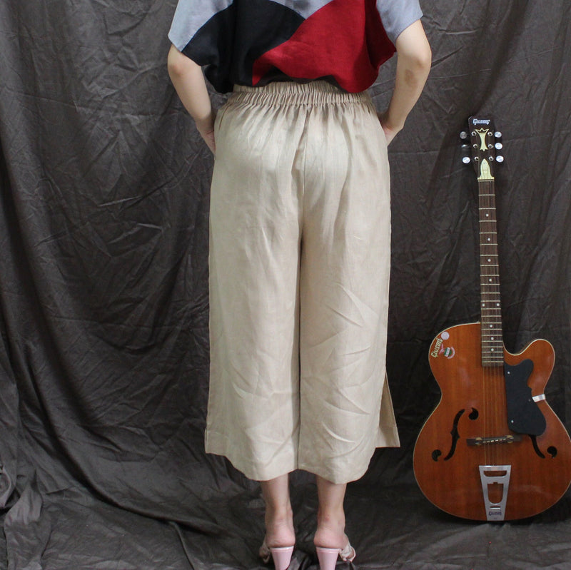 Beige Wide Leg Linen Culottes: Cropped Trousers with Side Slit