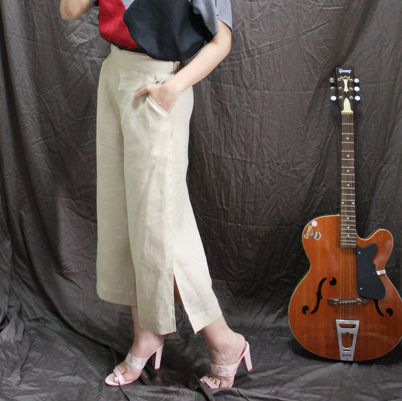 Beige Wide Leg Linen Culottes: Cropped Trousers with Side Slit