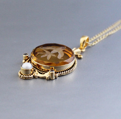 Yellow Intaglio Pendant Necklace, Edwardian Style, Brass, photo 6
