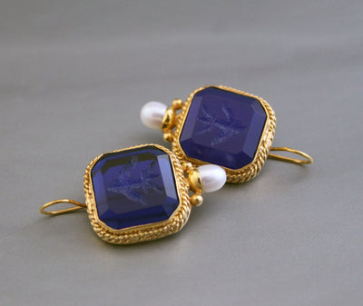 Dark Blue Intaglio Cameo Earrings, Vintage Style, 18K Gold, photo 7