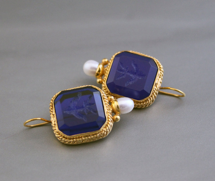 Dark Blue Intaglio Cameo Earrings, Vintage Style, 18K Gold, photo 7