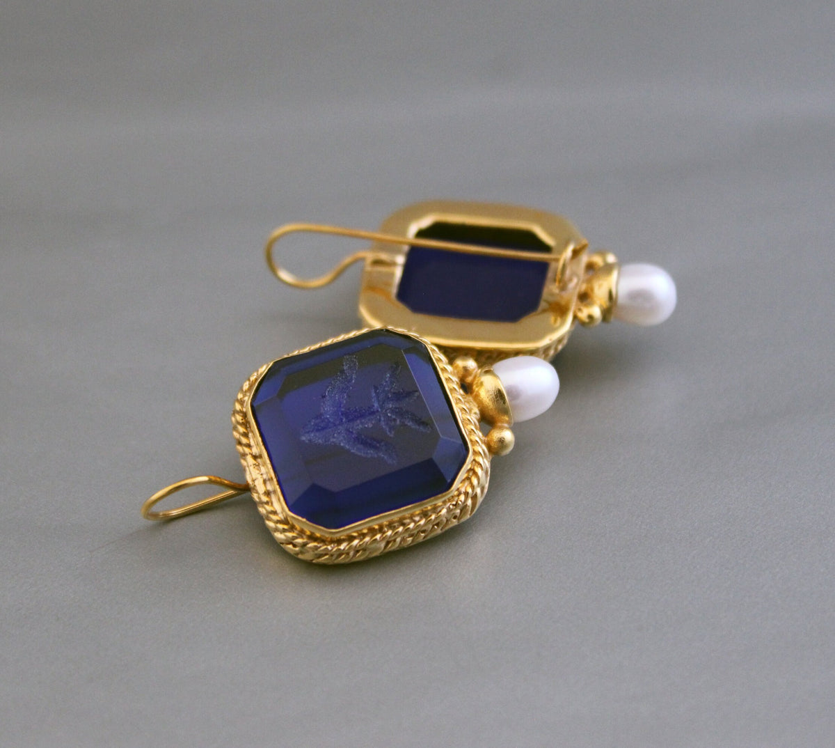Dark Blue Intaglio Cameo Earrings, Vintage Style, 18K Gold, photo 9