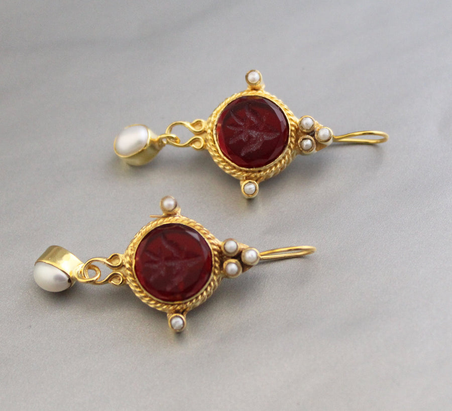 Red Quartz Intaglio Earrings, 14K Gold Pearl Dangles, photo 5