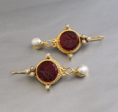 Red Quartz Intaglio Earrings, 14K Gold Pearl Dangles