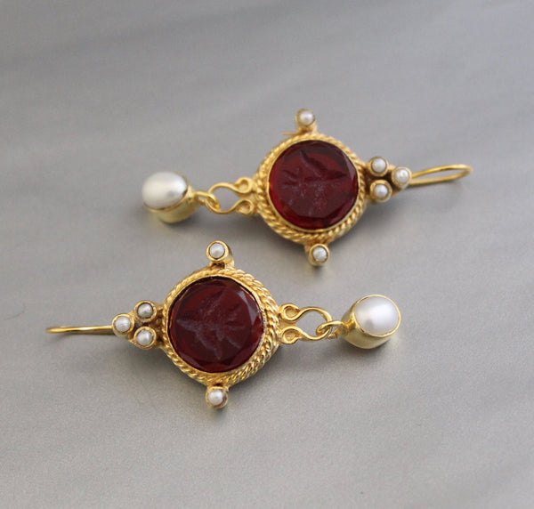 Red Quartz Intaglio Earrings, 14K Gold Pearl Dangles