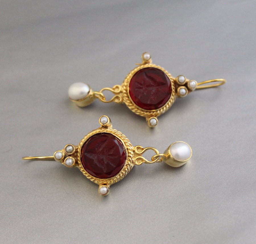 Red Quartz Intaglio Earrings, 14K Gold Pearl Dangles