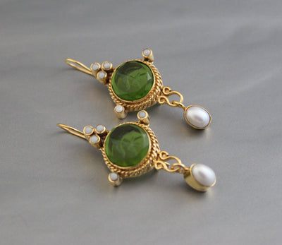 Small Green Round Intaglio Earrings, Art Deco Style, Gold Plated