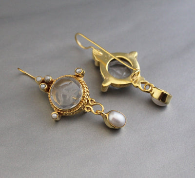 Intaglio Glass Pearl Dangle Earrings, Victorian Bridal, Gold Vermeil, photo 2