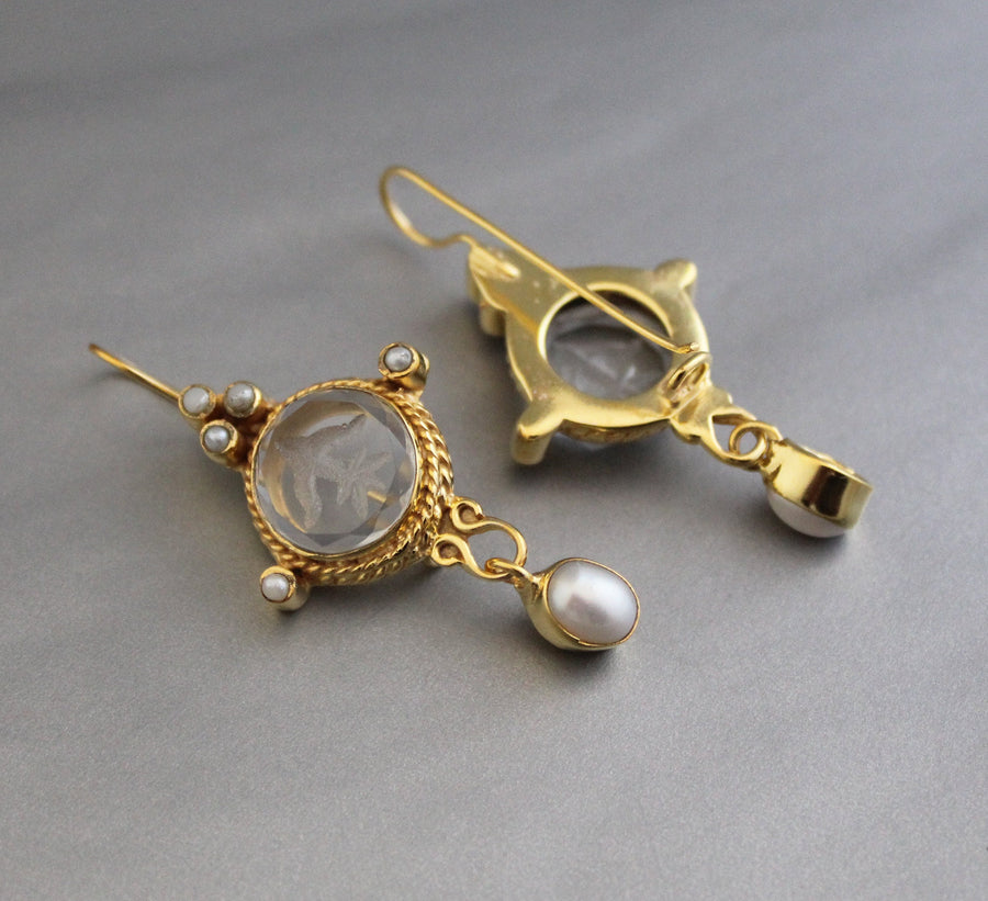 Intaglio Glass Pearl Dangle Earrings, Victorian Bridal, Gold Vermeil, photo 2
