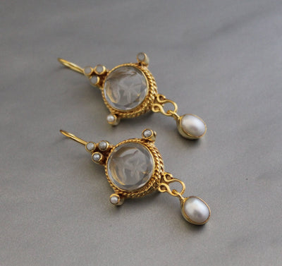 Intaglio Glass Pearl Dangle Earrings, Victorian Bridal, Gold Vermeil, photo 5