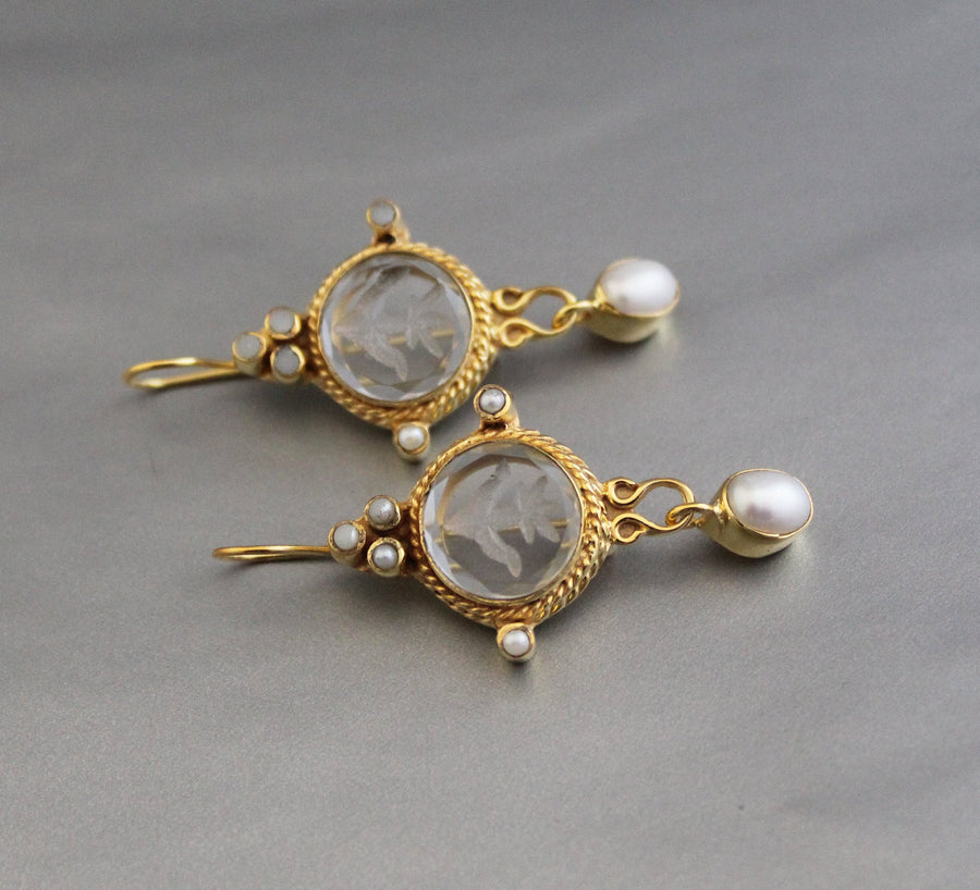 Intaglio Glass Pearl Dangle Earrings, Victorian Bridal, Gold Vermeil, photo 9