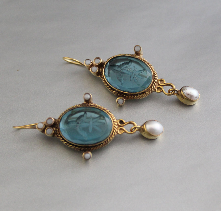 Blue Glass Intaglio Earrings, Victorian Style, 18K Gold Vermeil, photo 12