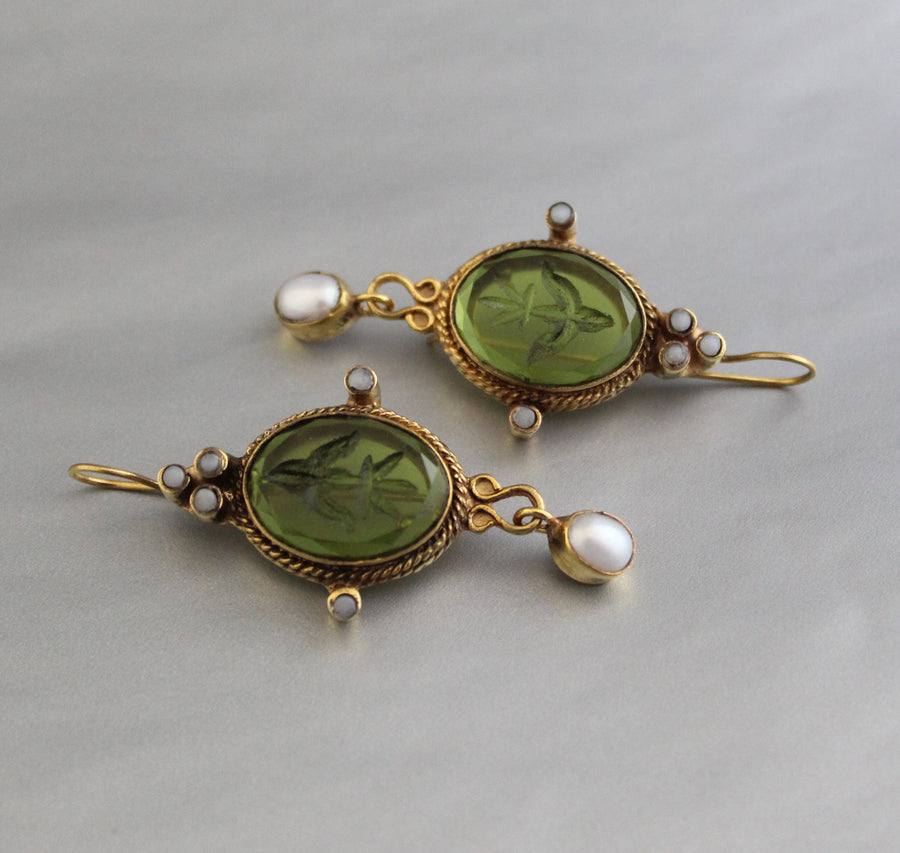Green Intaglio Crystal Earrings, Art Deco Style, Gold, photo 6
