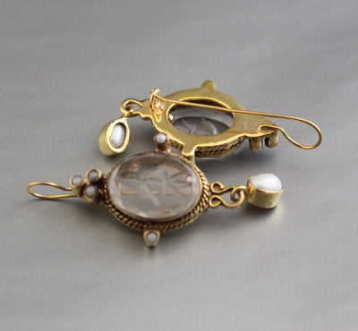 Intaglio Glass Earrings, Roman Style, Gold Vermeil with Pearls, photo 8