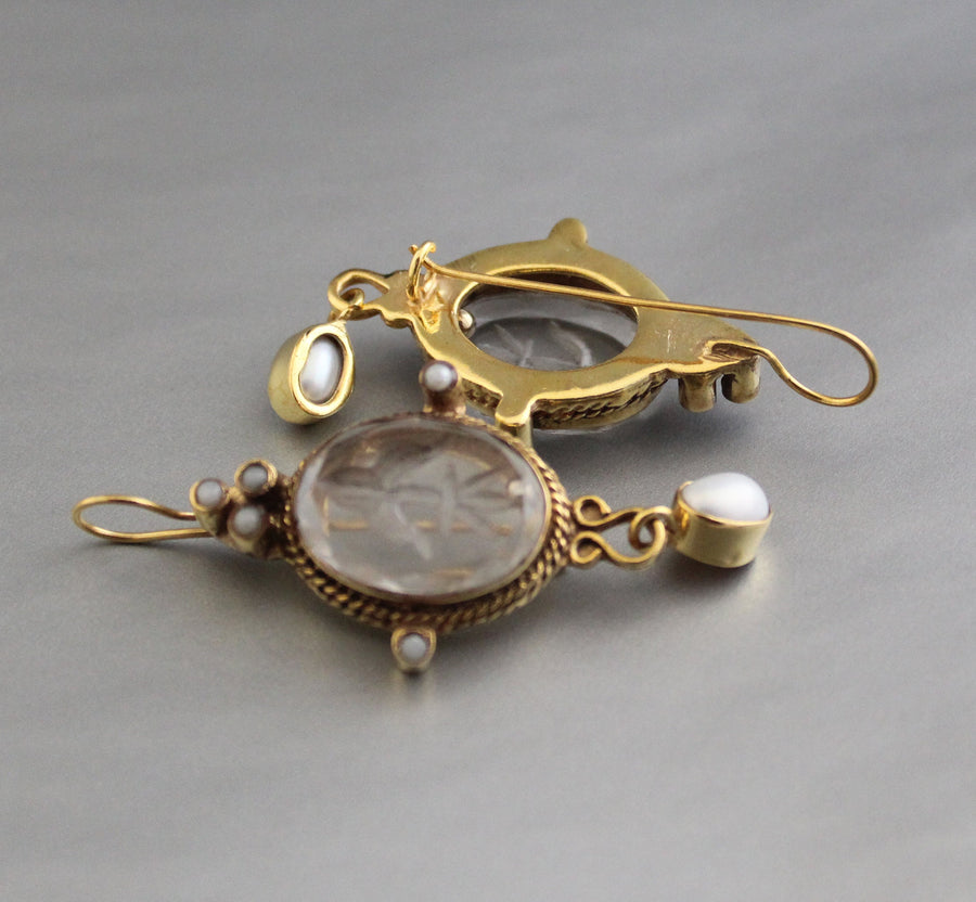 Intaglio Glass Earrings, Roman Style, Gold Vermeil with Pearls, photo 8