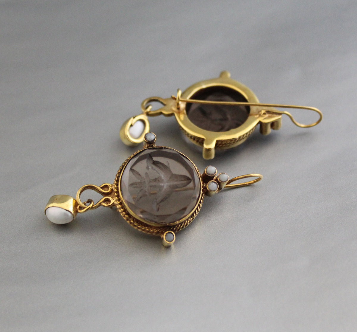 Intaglio Glass Earrings, Art Nouveau Style, Brass Dangles, photo 8