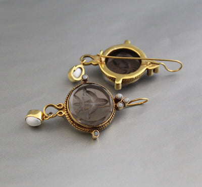 Intaglio Glass Earrings, Art Nouveau Style, Brass Dangles, photo 8