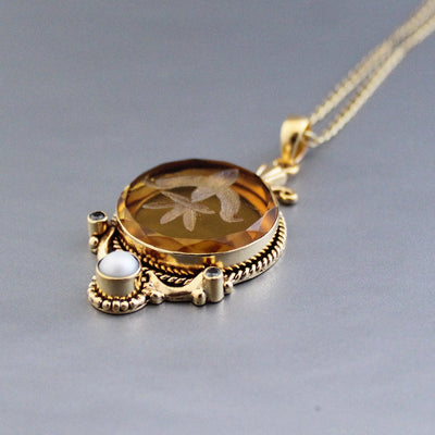 Yellow Intaglio Pendant Necklace, Edwardian Style, Brass, photo 5