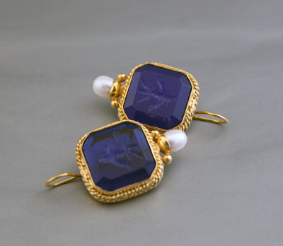 Dark Blue Intaglio Cameo Earrings, Vintage Style, 18K Gold, photo 2