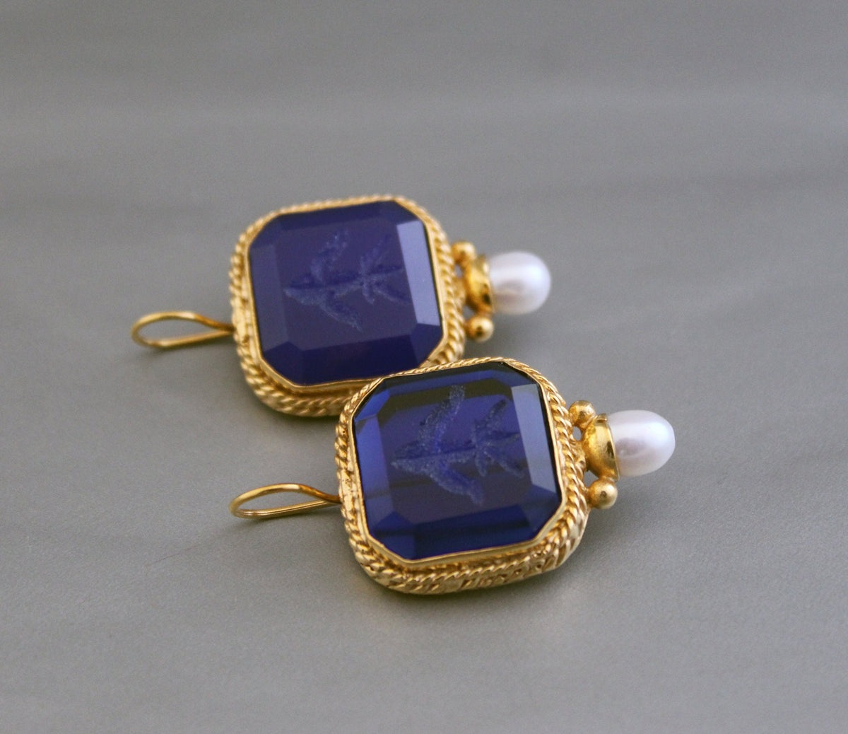 Dark Blue Intaglio Cameo Earrings, Vintage Style, 18K Gold, photo 8