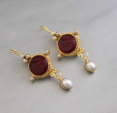 Red Quartz Intaglio Earrings, 14K Gold Pearl Dangles, photo 4