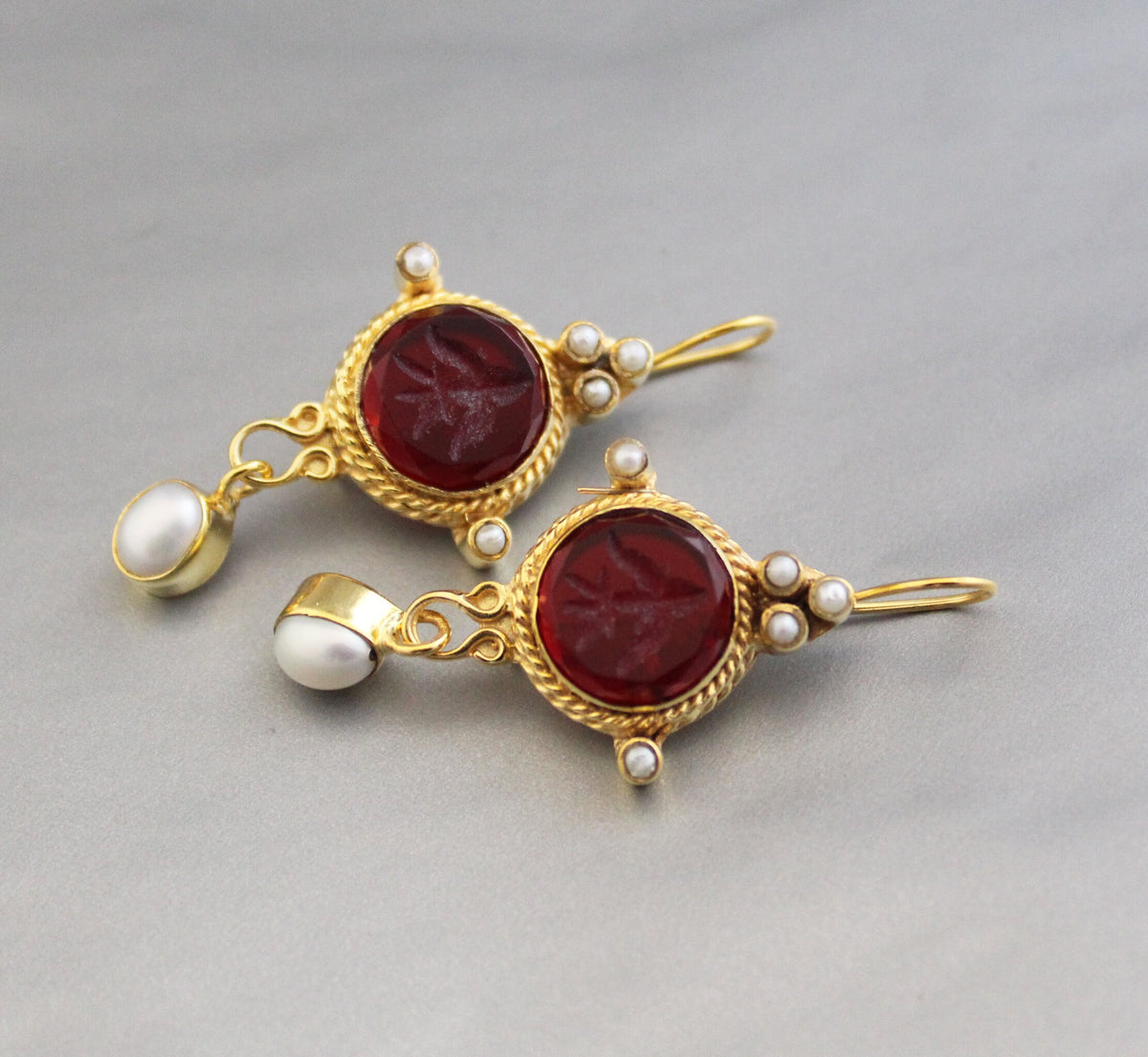 Red Quartz Intaglio Earrings, 14K Gold Pearl Dangles, photo 2