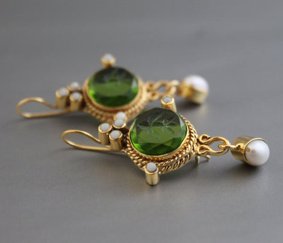 Small Green Round Intaglio Earrings, Art Deco Style, Gold Plated, photo 10