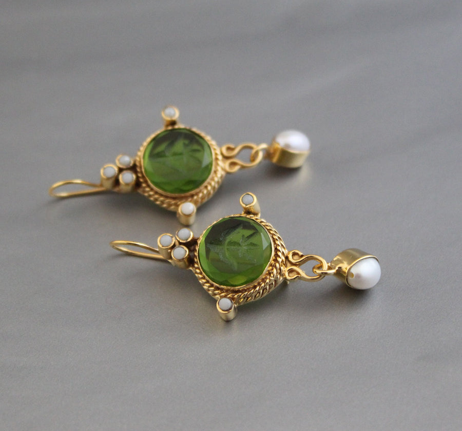 Small Green Round Intaglio Earrings, Art Deco Style, Gold Plated, photo 7