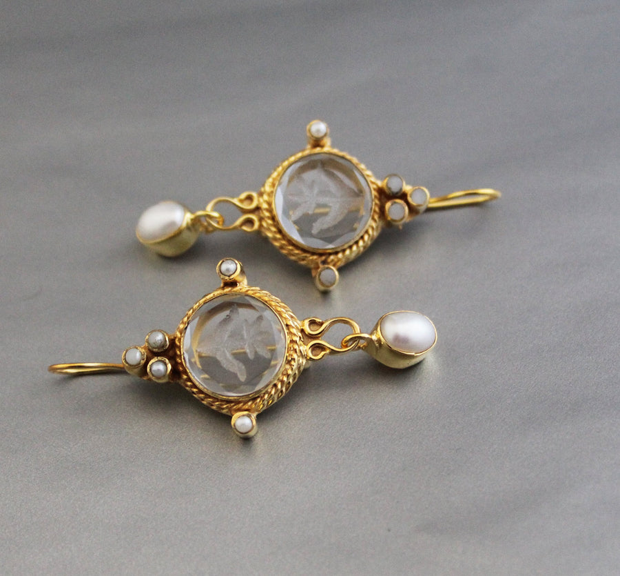 Intaglio Glass Pearl Dangle Earrings, Victorian Bridal, Gold Vermeil
