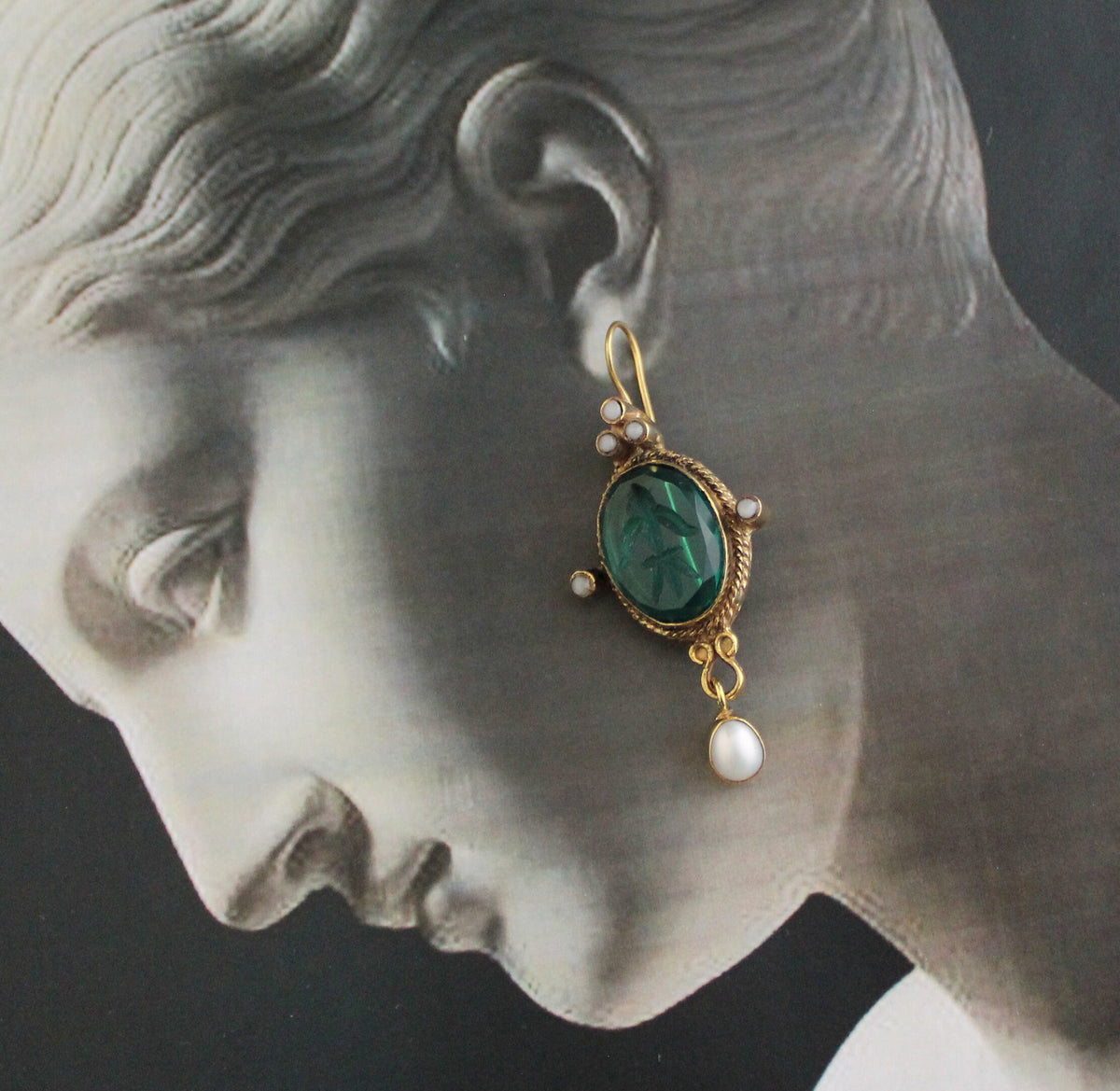 Blue Glass Intaglio Earrings, Victorian Style, 18K Gold Vermeil, photo 5