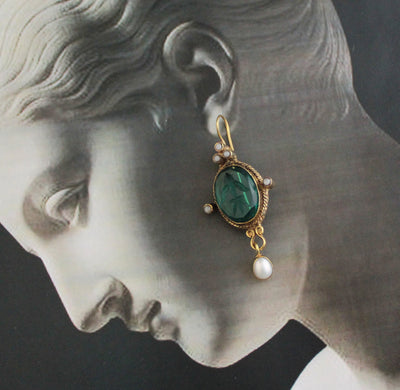 Blue Glass Intaglio Earrings, Victorian Style, 18K Gold Vermeil, photo 5