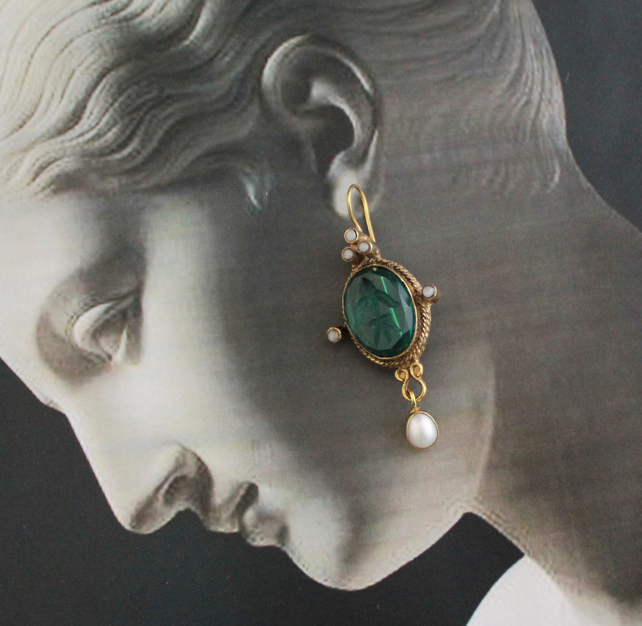 Blue Glass Intaglio Earrings, Victorian Style, 18K Gold Vermeil, photo 5