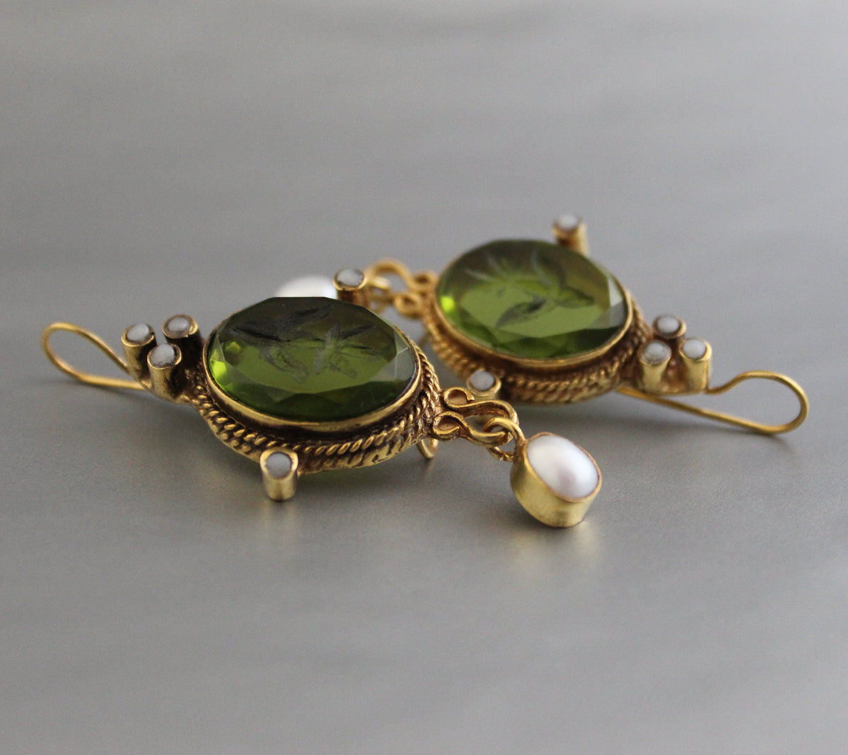 Green Intaglio Crystal Earrings, Art Deco Style, Gold, photo 7