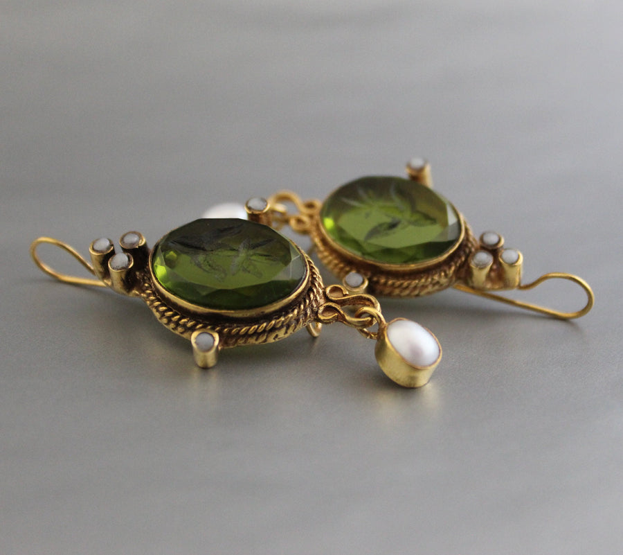 Green Intaglio Crystal Earrings, Art Deco Style, Gold, photo 7
