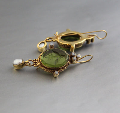 Green Intaglio Crystal Earrings, Art Deco Style, Gold, photo 4