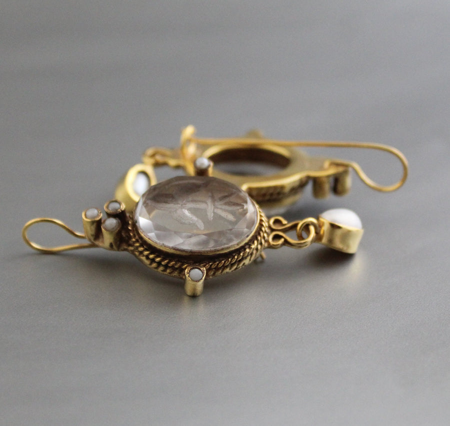 Intaglio Glass Earrings, Roman Style, Gold Vermeil with Pearls, photo 6