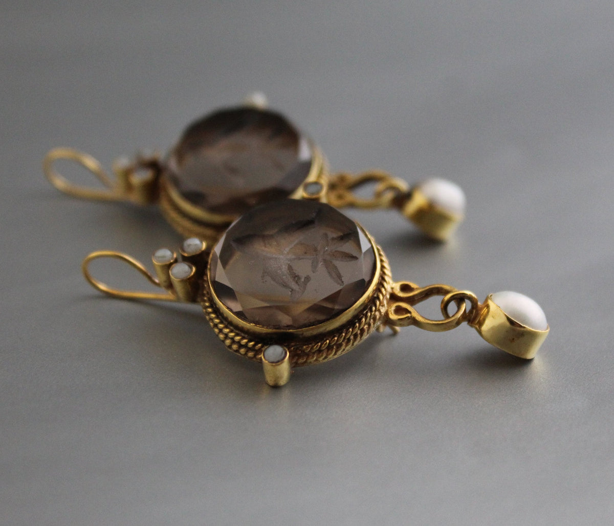 Intaglio Glass Earrings, Art Nouveau Style, Brass Dangles, photo 9